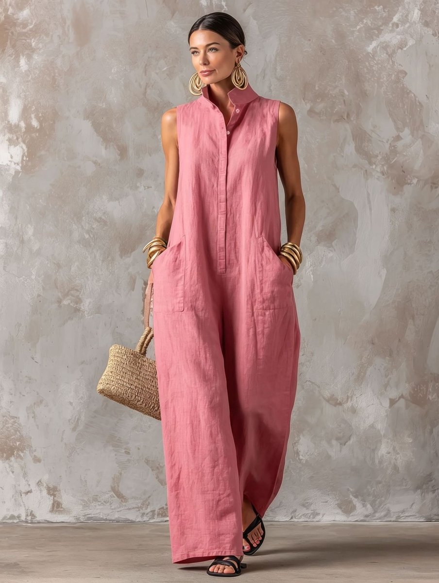 Linen Blend Sleeveless Stand-Collar Jumpsuit – 5 Colors S–3XL - MANDOTOS INTERNATIONALJumpsuits