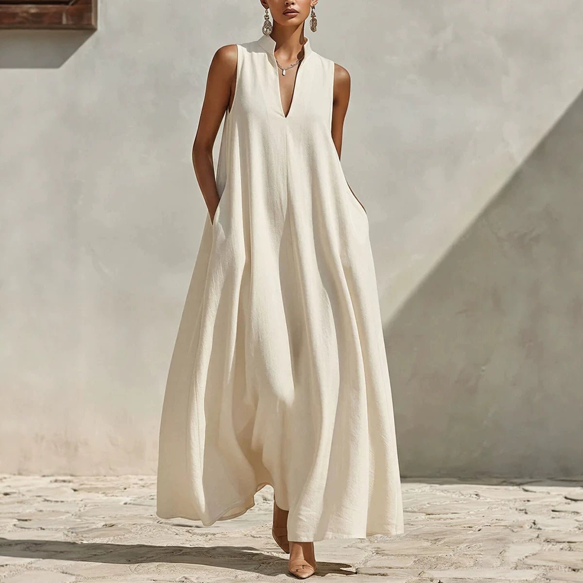 Linen Blend Sleeveless Stand-Collar Maxi Dress – 5 Colors S–3XL - MANDOTOS INTERNATIONALDresses