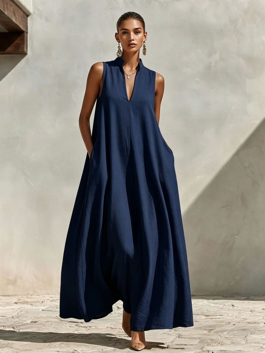 Linen Blend Sleeveless Stand-Collar Maxi Dress – 5 Colors S–3XL - MANDOTOS INTERNATIONALDresses