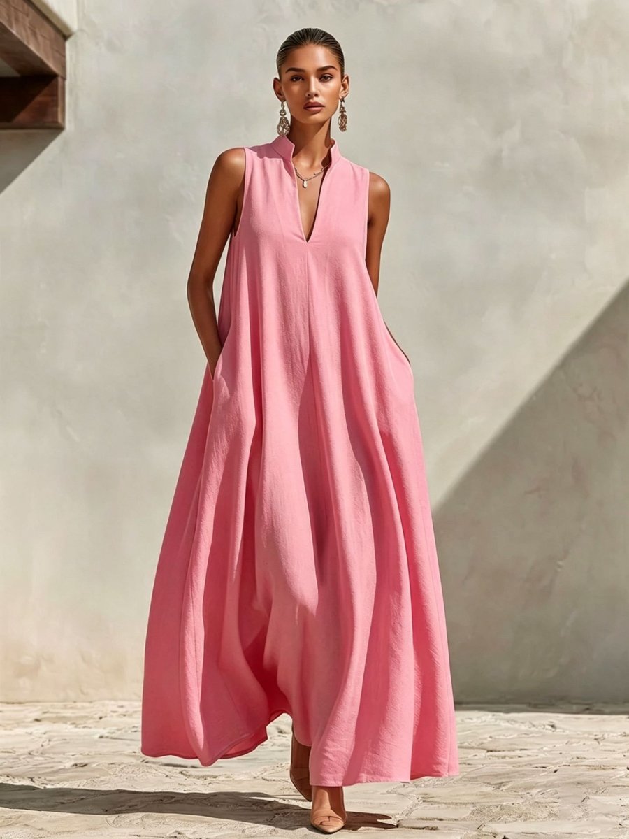 Linen Blend Sleeveless Stand-Collar Maxi Dress – 5 Colors S–3XL - MANDOTOS INTERNATIONALDresses