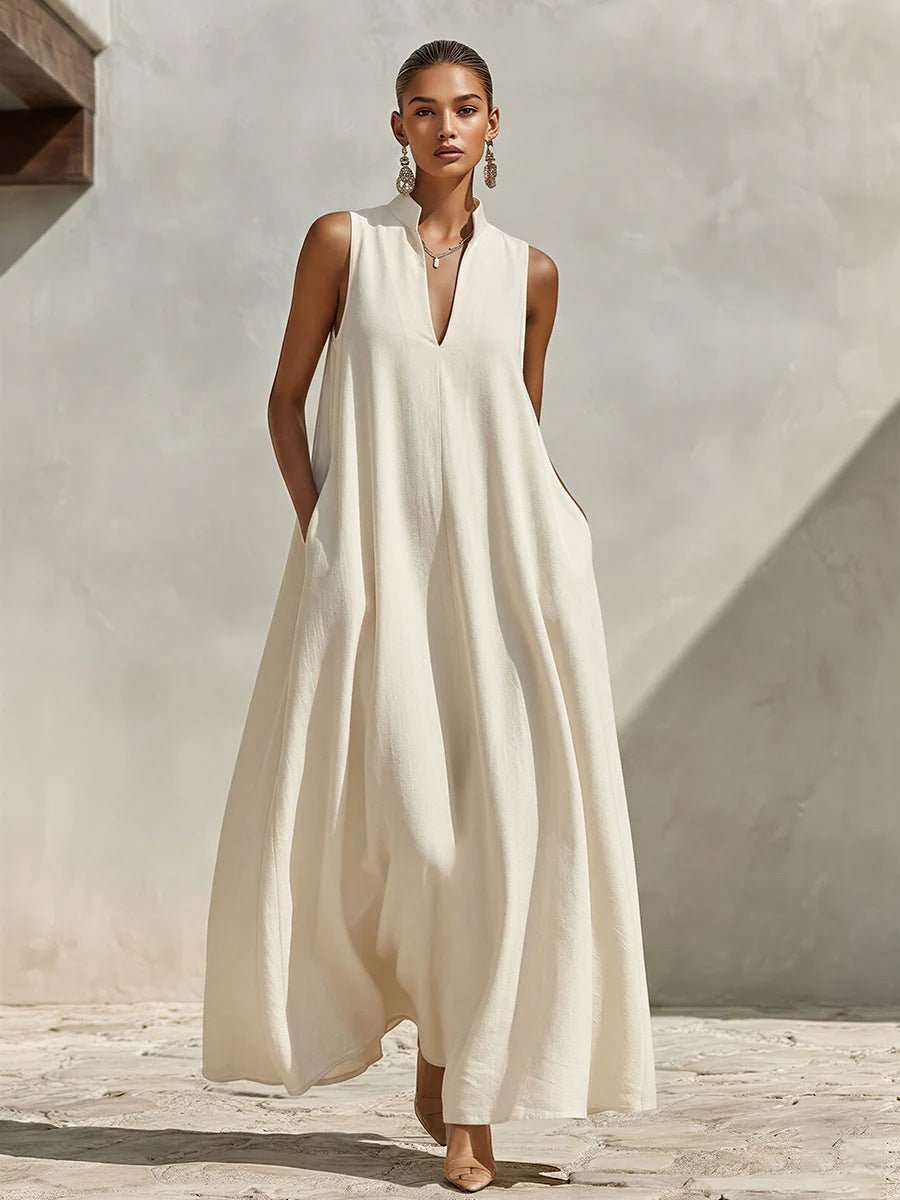 Linen Blend Sleeveless Stand-Collar Maxi Dress – 5 Colors S–3XL - MANDOTOS INTERNATIONALDresses