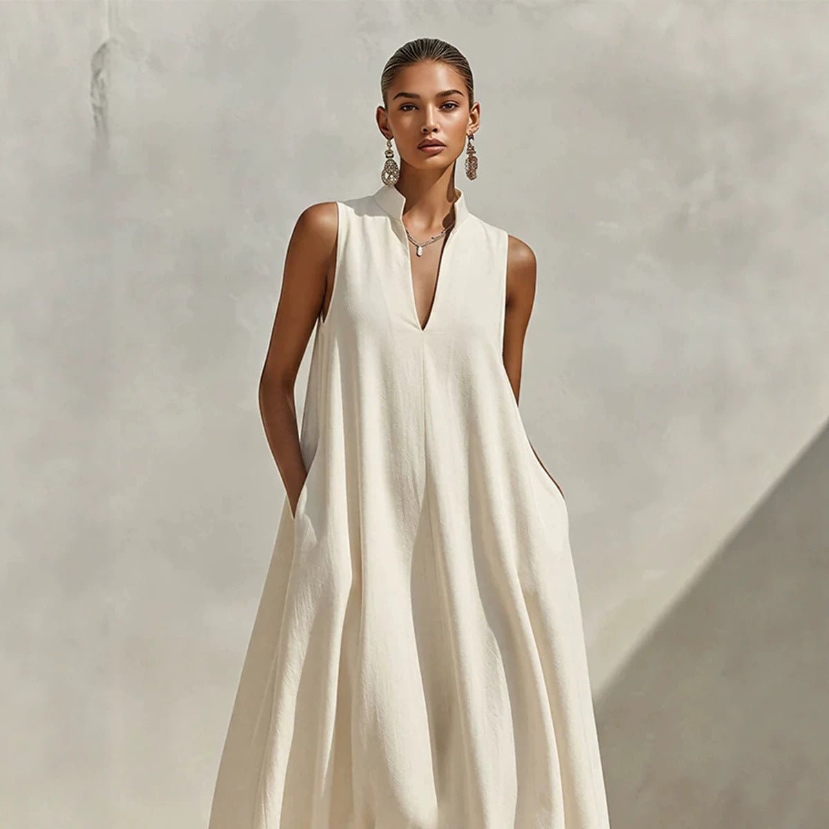 Linen Blend Sleeveless Stand-Collar Maxi Dress – 5 Colors S–3XL - MANDOTOS INTERNATIONALDresses