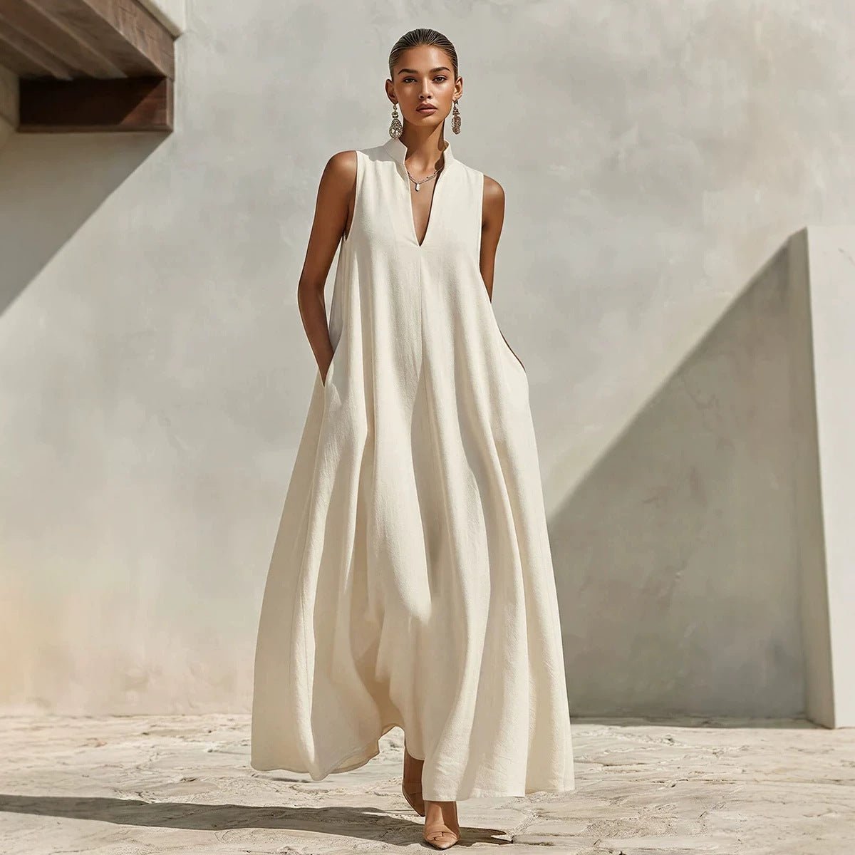 Linen Blend Sleeveless Stand-Collar Maxi Dress – 5 Colors S–3XL - MANDOTOS INTERNATIONALDresses