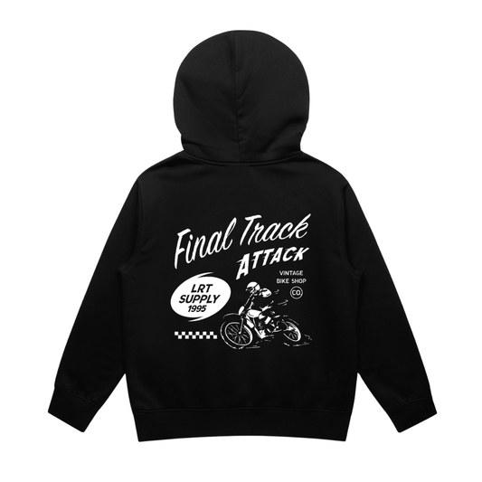 Baby and toddler recycled black hoodie from LITTLE RAD THINGS, The Final Track Attack outerwear, soft and cozy for little ones.