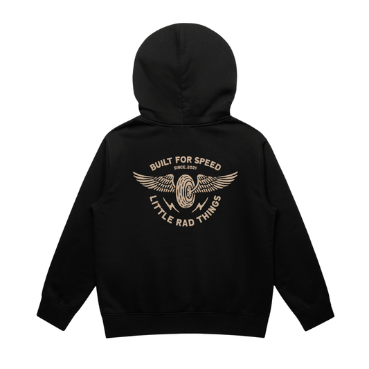 Little Rad Things baby and toddler hoodie featuring winged mechanic design in recycled black fabric, cozy outerwear for young children.
