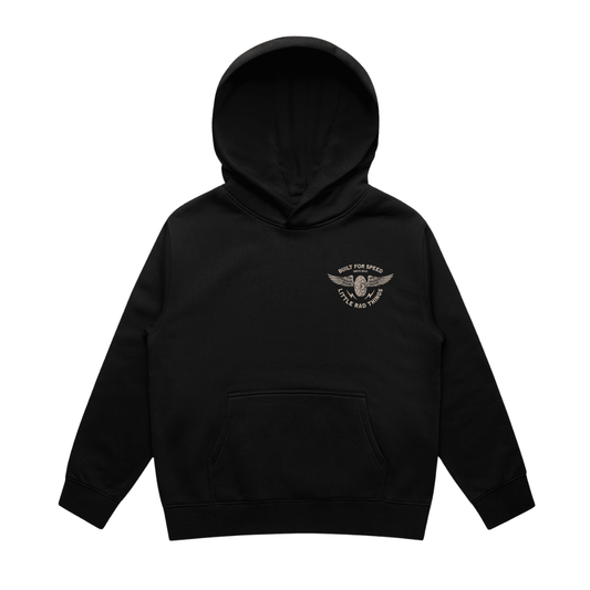 Baby and toddler LITTLE RAD THINGS Winged Mechanic Hoodie in recycled black, cozy outerwear with playful wing details.