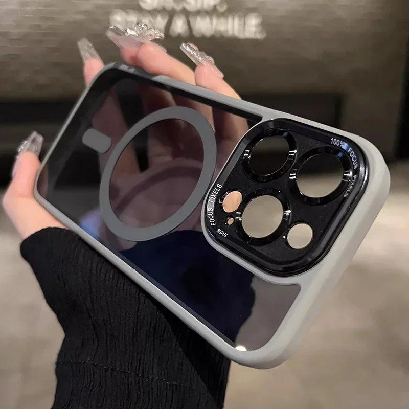 Luxury Magnetic Metal Lens Bumper Protection Case For iPhone 16 15 14 13 12 11 Pro Max 16 Plus Wireless Charge Hard Clear Cover - MANDOTOS