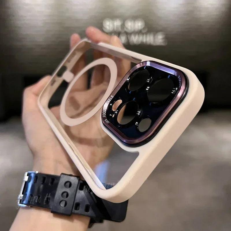 Luxury Magnetic Metal Lens Bumper Protection Case For iPhone 16 15 14 13 12 11 Pro Max 16 Plus Wireless Charge Hard Clear Cover - MANDOTOS