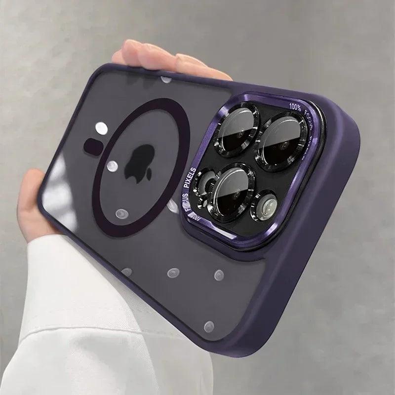 Luxury Magnetic Metal Lens Bumper Protection Case For iPhone 16 15 14 13 12 11 Pro Max 16 Plus Wireless Charge Hard Clear Cover - MANDOTOS