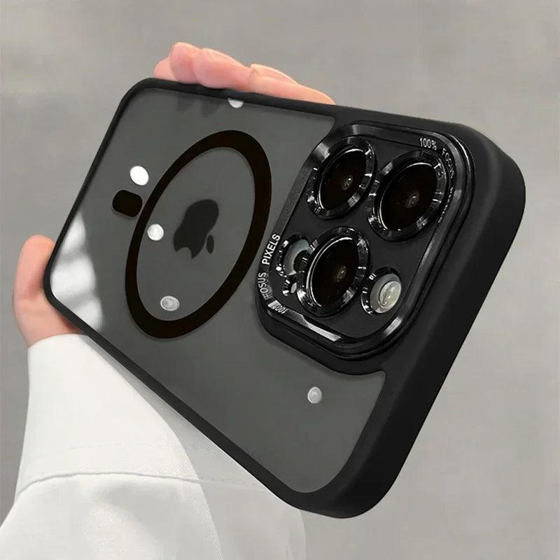 Luxury Magnetic Metal Lens Bumper Protection Case For iPhone 16 15 14 13 12 11 Pro Max 16 Plus Wireless Charge Hard Clear Cover - MANDOTOS