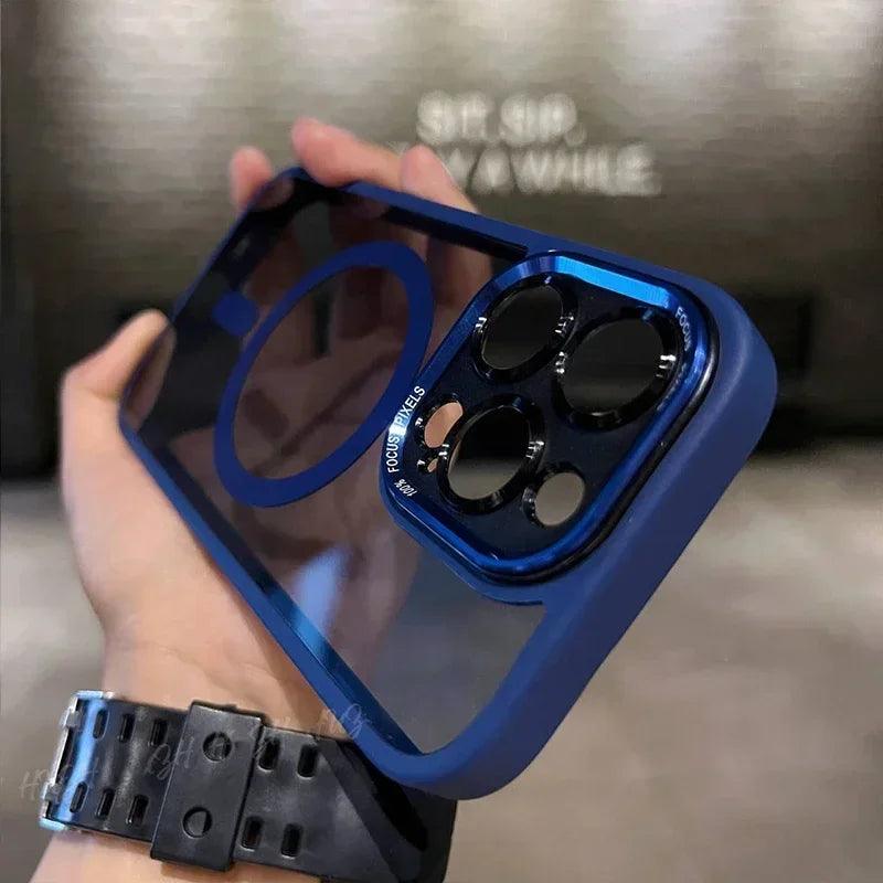 Luxury Magnetic Metal Lens Bumper Protection Case For iPhone 16 15 14 13 12 11 Pro Max 16 Plus Wireless Charge Hard Clear Cover - MANDOTOS
