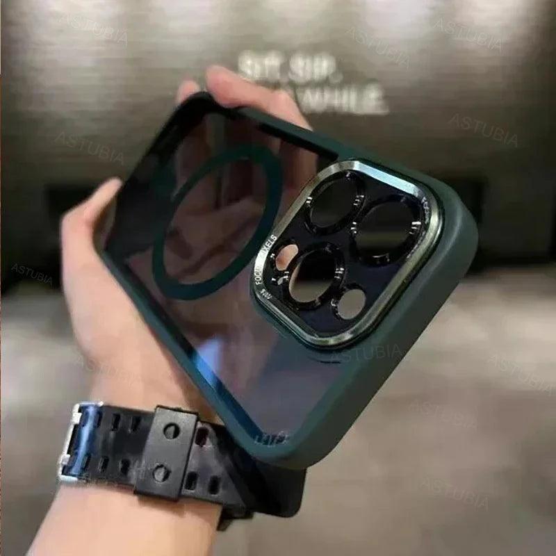 Luxury Magnetic Metal Lens Bumper Protection Case For iPhone 16 15 14 13 12 11 Pro Max 16 Plus Wireless Charge Hard Clear Cover - MANDOTOS