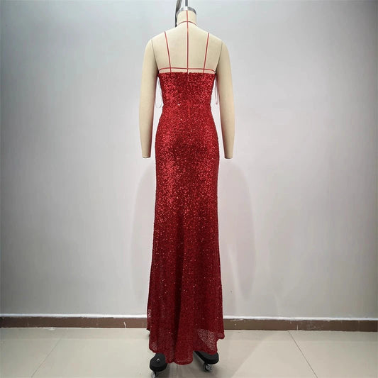 Drop-shaped diamond red paillette tube coat and dress by MANDOTOS, featuring a sexy low-cut, high slit design with shimmering embellishments.