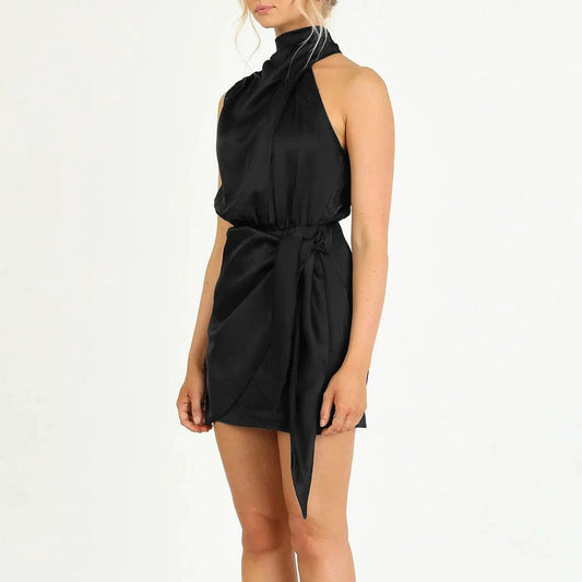 Elegant Halter Neck Dress Fashion Sleeveless Waist-tied Short Dresses For Evening Party Clothing Women MANDOTOS