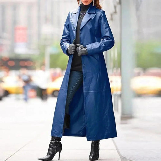 Mandotos European and American women's long leather coat, stylish and warm outerwear for women.