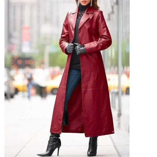 European and American women's leather long coat by MANDOTOS featuring a stylish, tailored design and smooth leather finish.