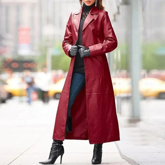European and American women's leather long coat by MANDOTOS, shown in black with a tailored fit and classic collar.