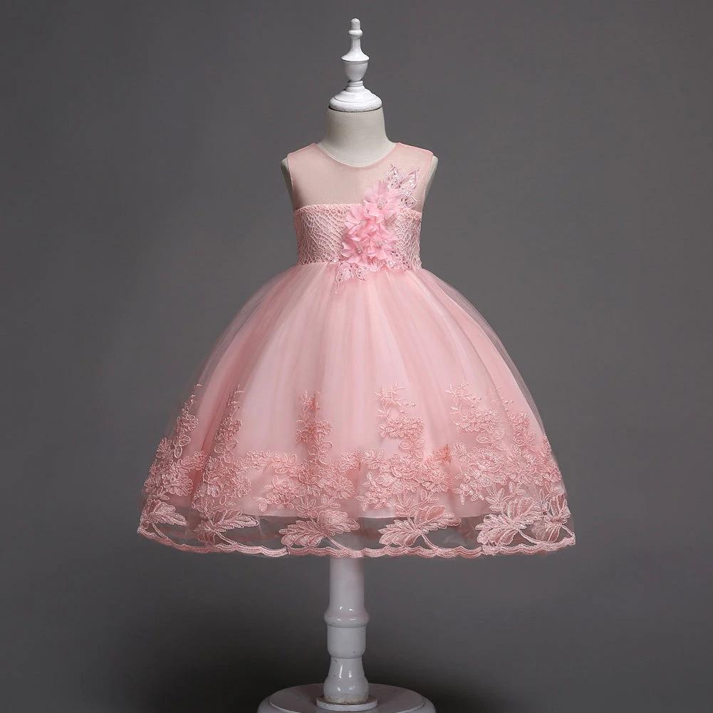 First Communion Flower Girl Dress - Mandotos Lace Trim Tulle Bead Embroidery - MANDOTOS