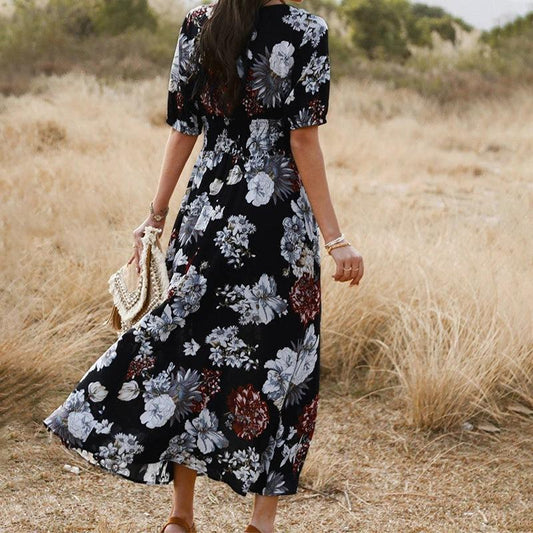 Floral Summer Beach Dress With V Neck Elastic Waist Dresses For Women MANDOTOS