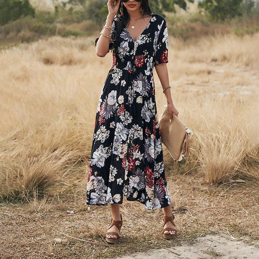 Floral Summer Beach Dress With V Neck Elastic Waist Dresses For Women MANDOTOS