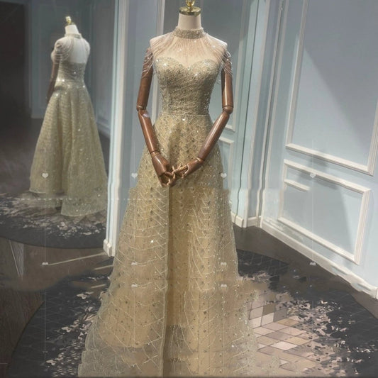 Mandotos golden neck hanging light luxury toast evening dress with elegant design and intricate details.