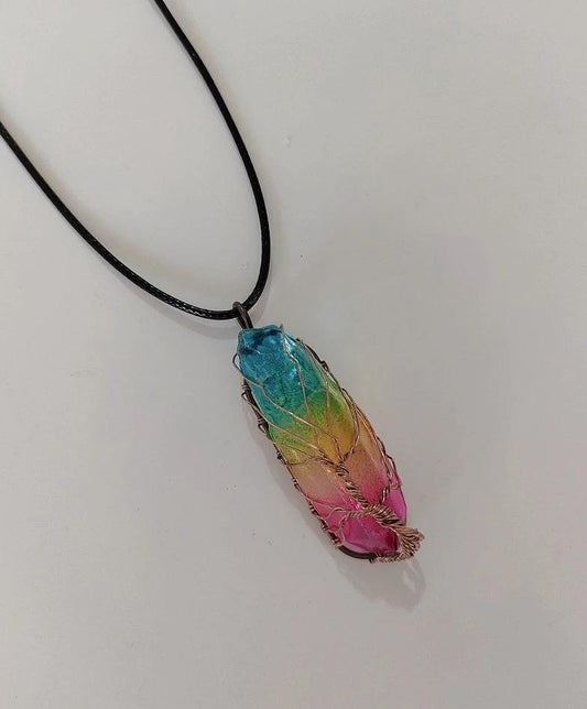 Mandotos stone crystal pillar Tree of Life pendant necklace, stylish jewelry with intricate design and natural gemstone details.