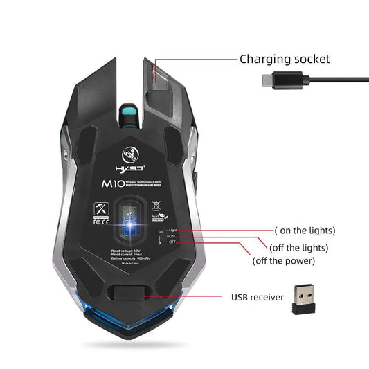 Mandotos wireless gaming mouse with glowing LED lights, 2.4GPI connectivity, designed for precise gaming performance.