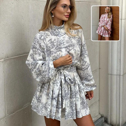 Mandotos ink print long sleeve short dress with puffy sleeves, lapel tie, and A-line silhouette, stylish and comfortable fashion clothing.