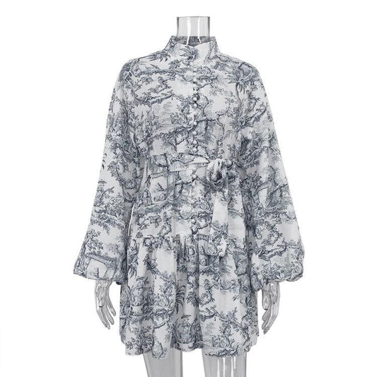 Mandotos ink print long sleeve short A-line dress with puffy sleeves, lapel tie, fashionable and stylish for women.