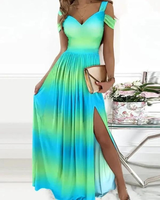 Elegant Greek style pleated long floor-length dress by MANDOTOS, showcased on a model with flowing fabric and classic design.