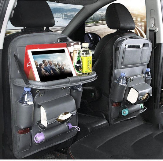 Mandotos PU leather car seat back organizer tray, waterproof, designed for storing travel essentials and keeping car tidy.