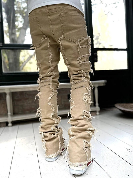 Men's Stacked Jeans - Individual Patched, Long Tight Fit Trousers for Bold Style MANDOTOS