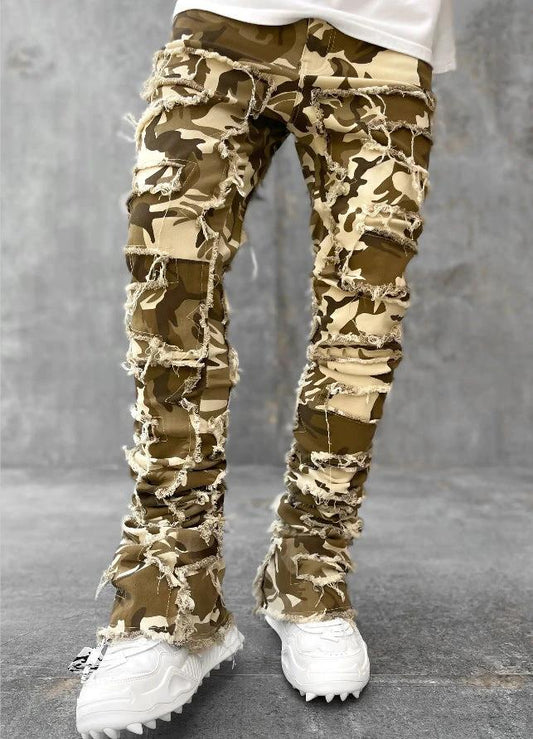 Men's Stacked Jeans - Individual Patched, Long Tight Fit Trousers for Bold Style MANDOTOS