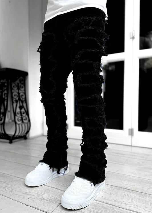 Men's Stacked Jeans - Individual Patched, Long Tight Fit Trousers for Bold Style MANDOTOS