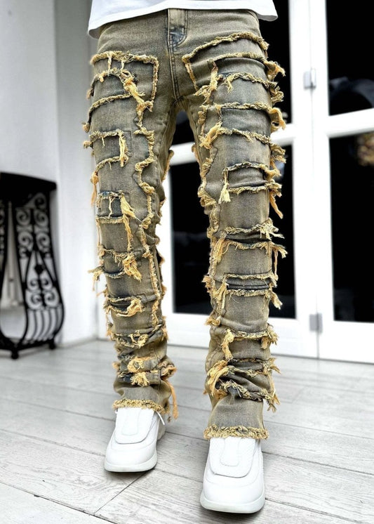 Men's Stacked Jeans - Individual Patched, Long Tight Fit Trousers for Bold Style MANDOTOS
