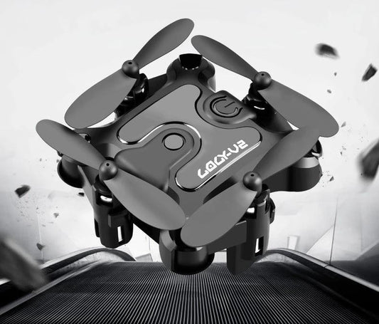 Mini folding drone by MANDOTOS, compact quadcopter with foldable arms, lightweight design, and remote control for aerial photography.