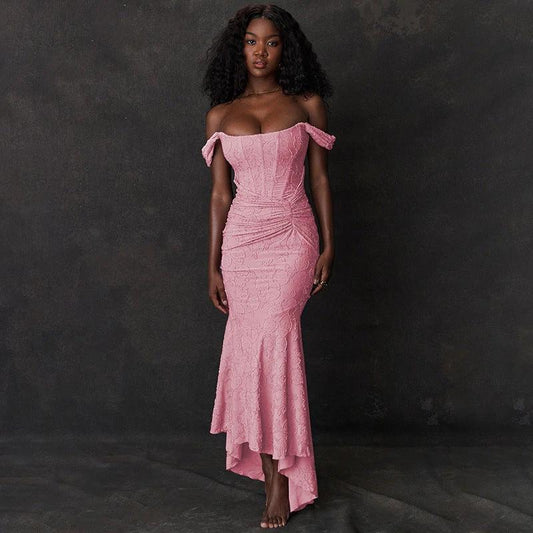 Purple Mozision off-shoulder backless evening dress for women, sleeveless strapless ruched bodycon style for club or party wear.