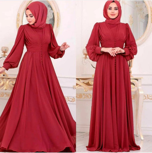 Mandotos Muslim women's long sleeve chiffon dress with modest design, flowing fabric, and elegant style.