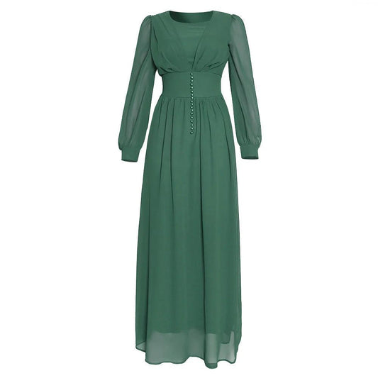 Mandotos Muslim women's long sleeve chiffon dress with modest design, flowing fabric, and elegant style for special occasions