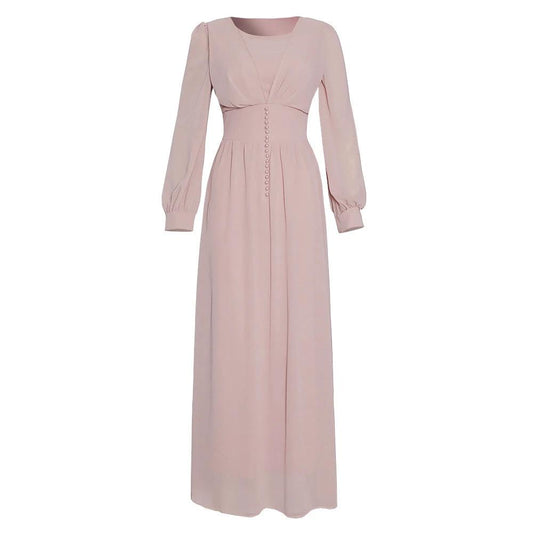 Mandotos Muslim women's long sleeve chiffon dress, elegant modest attire with flowing fabric and intricate detailing.