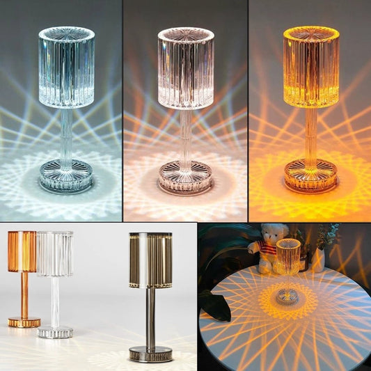 Mandotos crystal table lamp with diamond design, warm LED lighting, ideal for home decor, romantic ambiance, and night lighting.