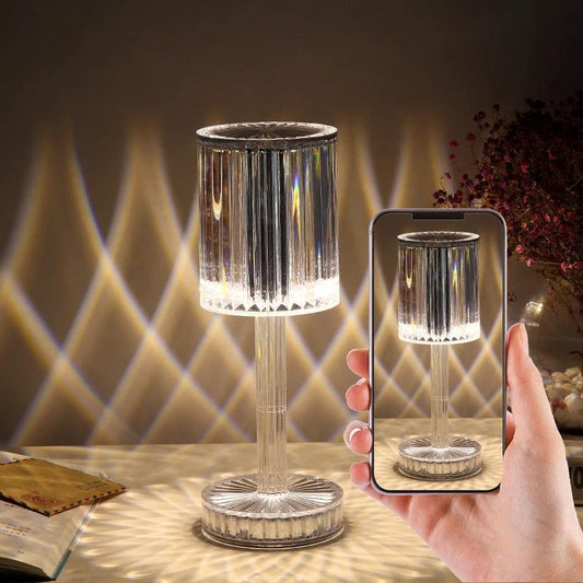 Mandotos crystal table lamp with diamond design, warm LED lighting, ideal for home decor, hotel decoration, or romantic night light.