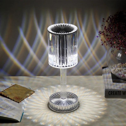 Mandotos crystal table lamp with diamond design, warm LED light, ideal for home decor, romantic gift, and hotel decoration.