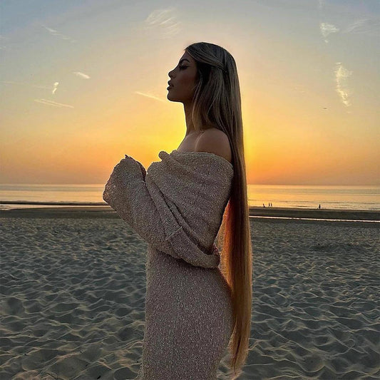 Mandotos women's one-shoulder knitted long-sleeved dress, perfect for beach holidays, casual and stylish long dress for women.