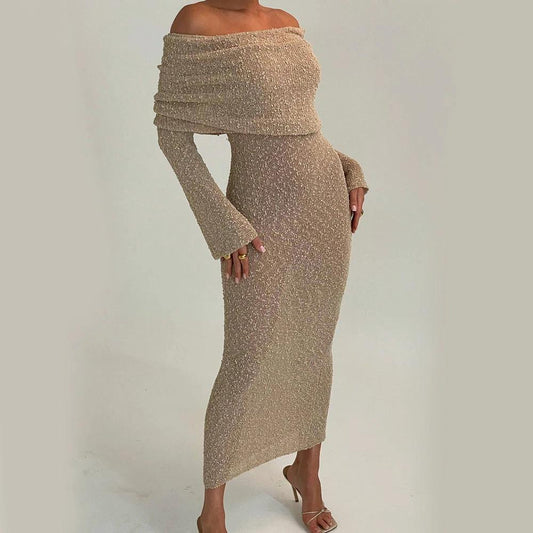 Mandotos one-shoulder knitted long-sleeve dress, stylish beach holiday long dress for women, elegant and comfortable summer wear