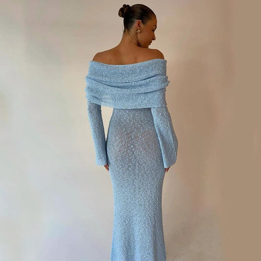 Mandotos one-shoulder knitted long-sleeve dress, stylish beach holiday long dress for women, fitted and elegant design.