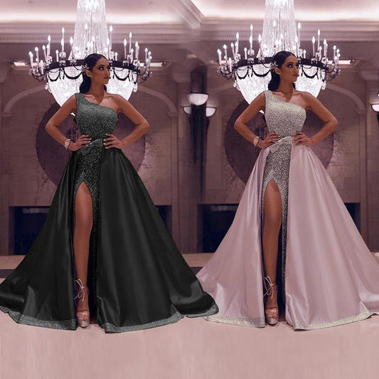 Mandotos one-shoulder mopping evening dress in elegant black, featuring a sleek silhouette and stylish design for formal occasions.