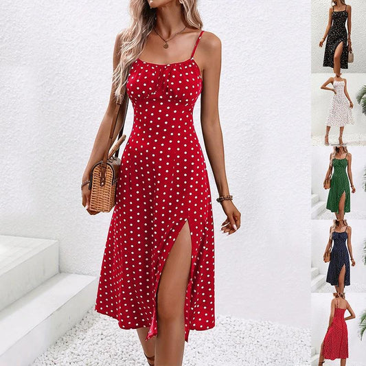 Mandotos polka dot print suspender summer dress for women with a sexy split design and long flowing style.