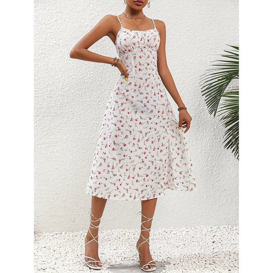 Mandotos polka dot print suspender summer dress for women, featuring a sexy split and long flowing design.