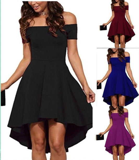 Mandotos one-shoulder short sleeve top paired with a large swallowtail skirt, stylish and elegant women's fashion ensemble.